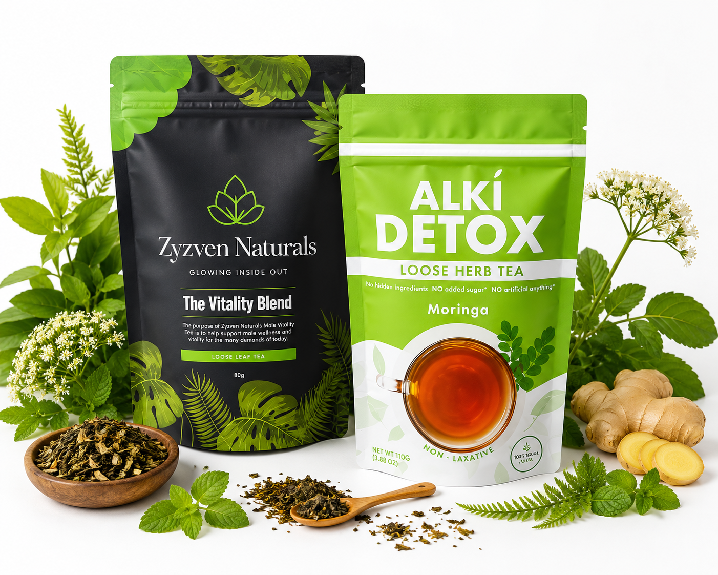 Two health-related product packages, 'Zyzen Naturals' and 'Alki Detox', surrounded by herbs and plants on a white background.
