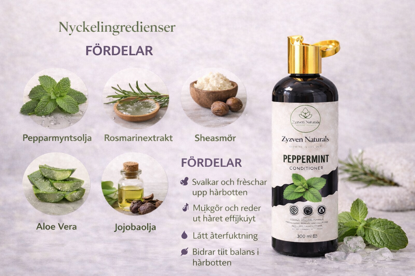Peppermint Conditioner (300ml) | Organic Hydrating Conditioner with Peppermint, Rosemary, Aloe Vera & Jojoba Oil