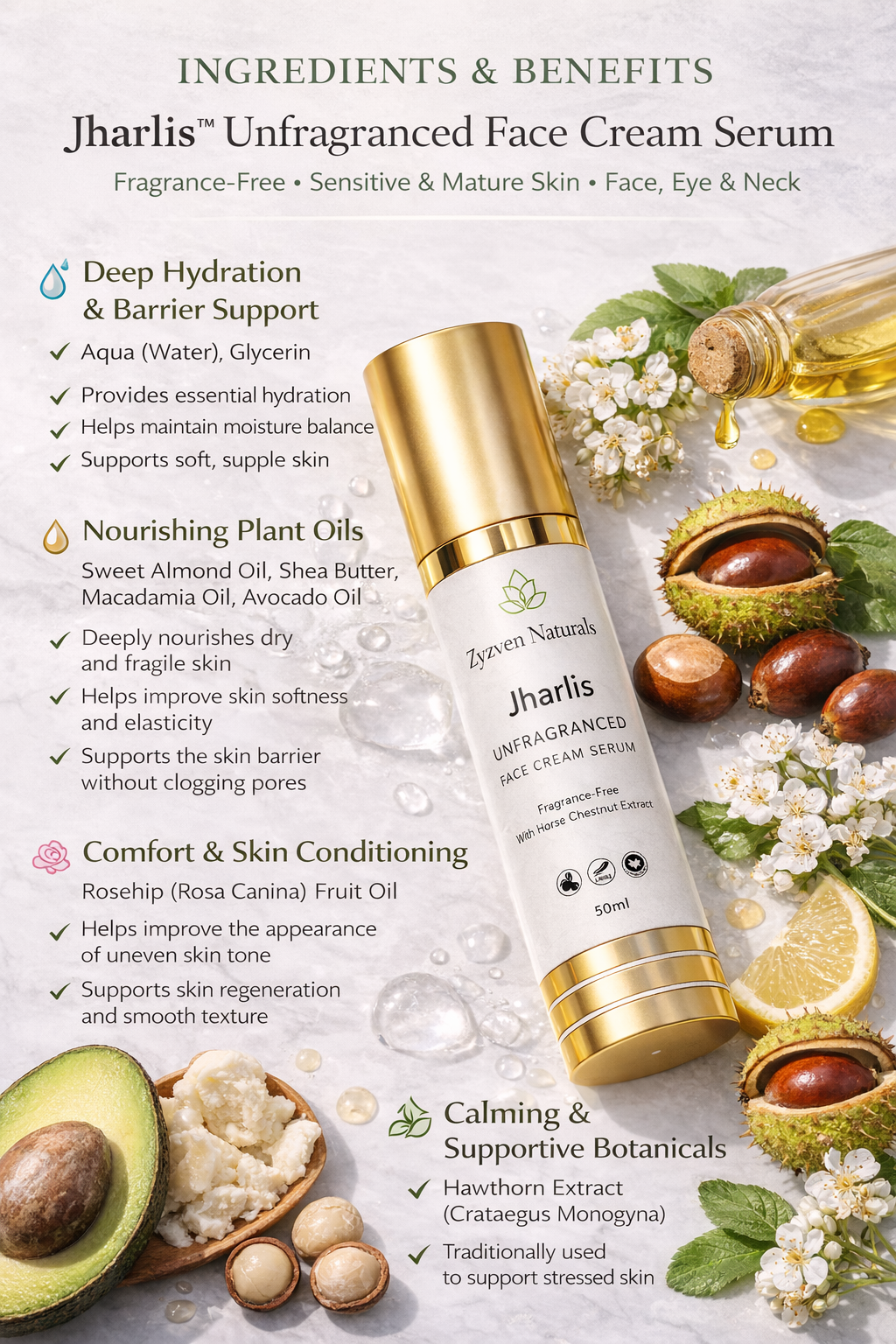 Jharlis™ Unfragranced Face Cream Serum (50ml) | Fragrance-Free Moisturizer for Sensitive & Mature Skin