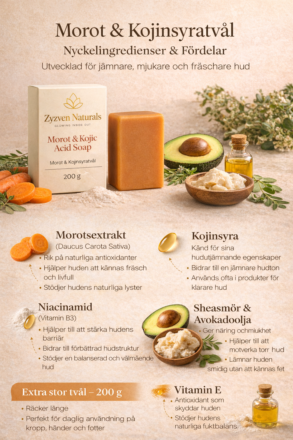 Carrot & Kojic Brightening Soap Bar (200g) | Face & Body Cleanser with Shea Butter, Avocado Oil & Vitamin E