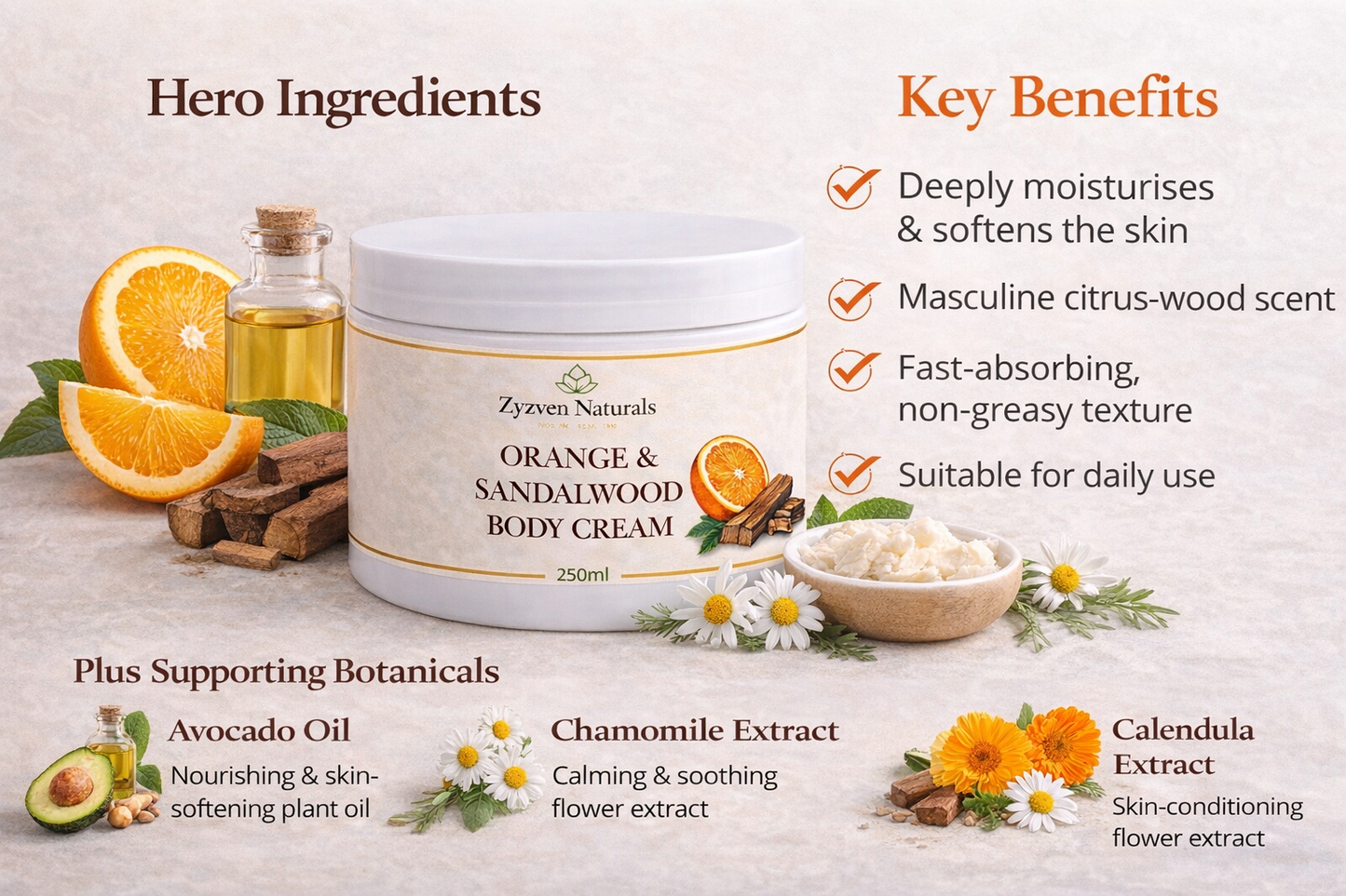 Orange & Sandalwood Body Cream (250ml) | Men's Moisturizer with Shea Butter, Rosehip & Avocado Oil