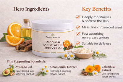 Orange & Sandalwood Body Cream (250ml) | Men's Moisturizer with Shea Butter, Rosehip & Avocado Oil