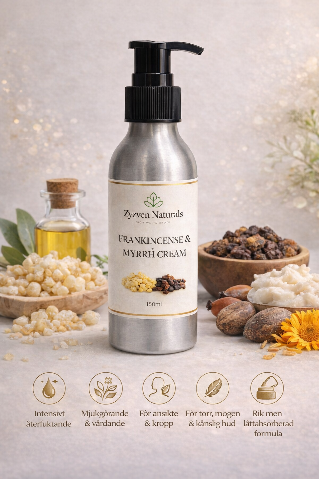 Frankincense & Myrrh Face & Body Cream (200ml) | Hydrating Moisturizer with Shea Butter, Rosehip & Avocado Oil