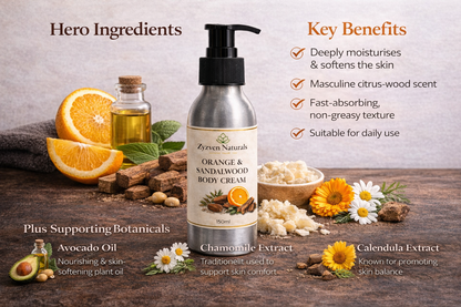 Orange & Sandalwood Body Cream (250ml) | Men's Moisturizer with Shea Butter, Rosehip & Avocado Oil