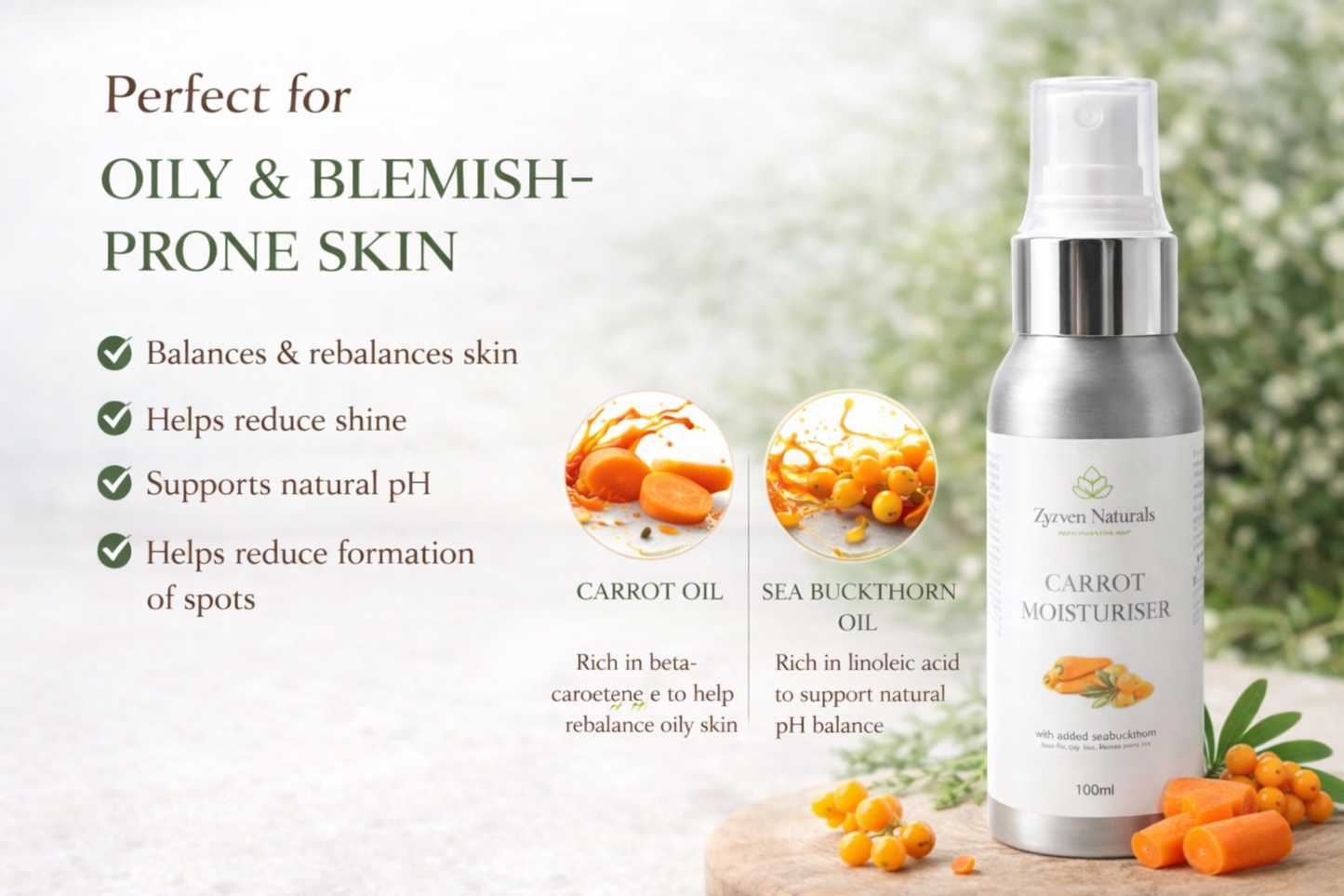 Carrot & Sea Buckthorn Moisturiser (50ml) | Lightweight Face Cream for Oily & Blemish-Prone Skin