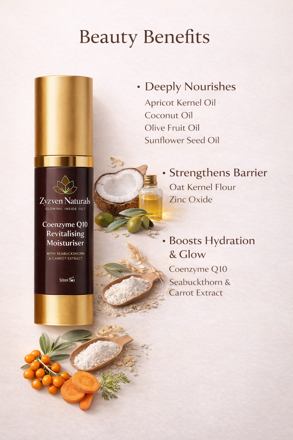 Coenzyme Q10 Moisturizer | Organic Anti-Aging Face Cream with Sea Buckthorn & Carrot (50ml)