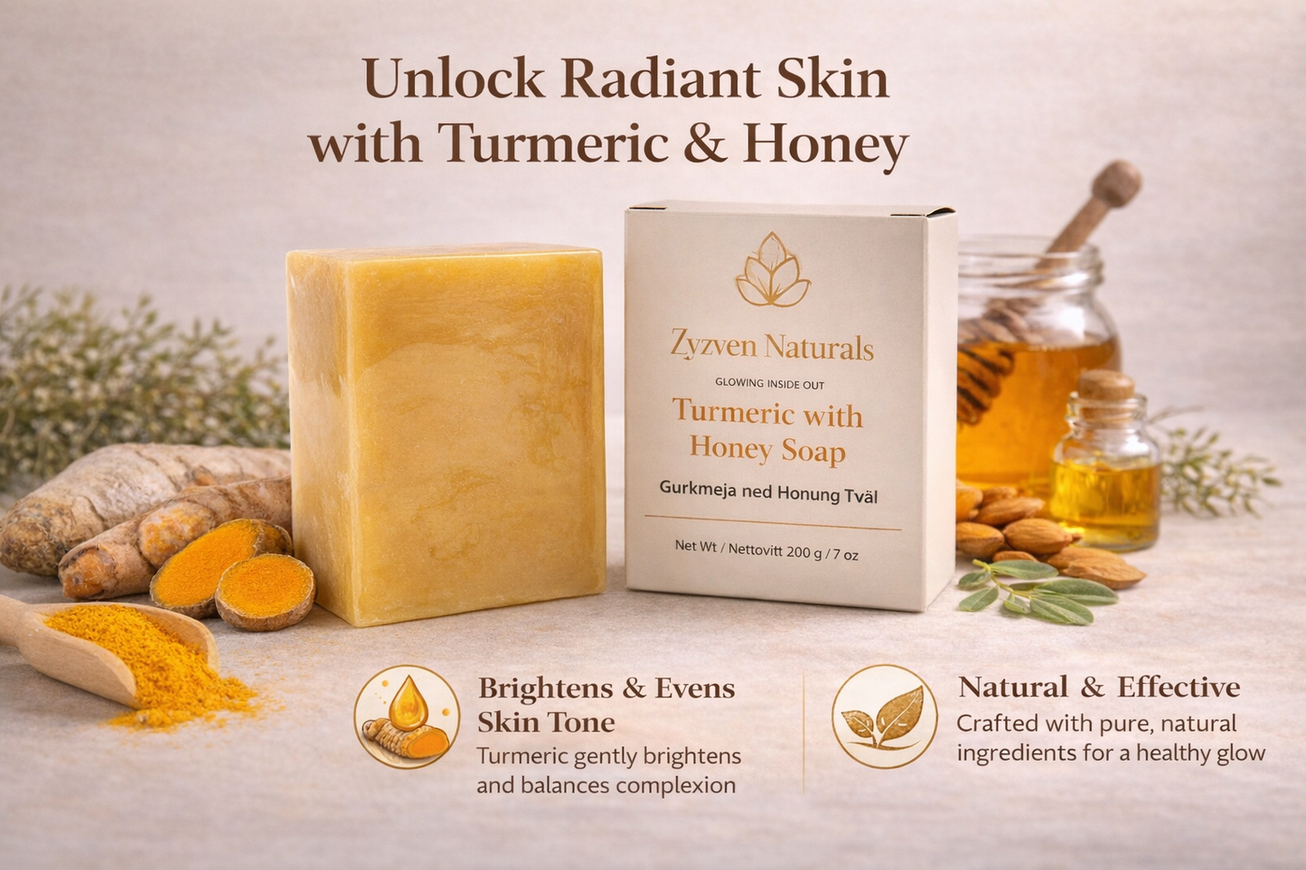 Turmeric & Honey Brightening Soap Bar (200g) | Face & Body Cleanser with Kojic Acid, Niacinamide & Sea Buckthorn