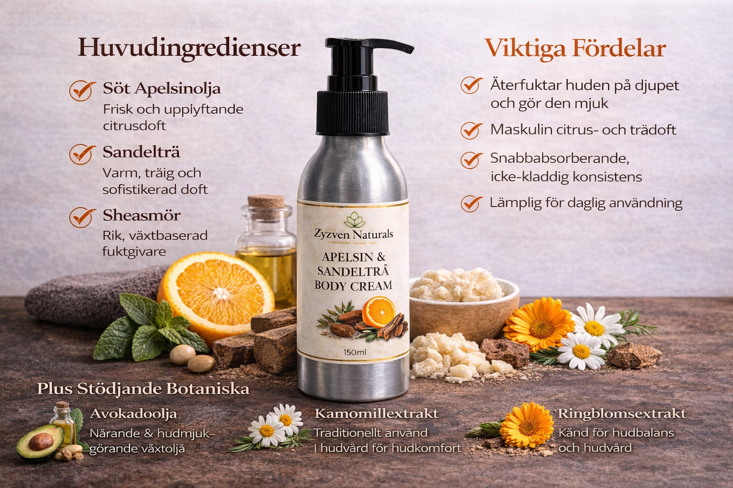 Orange & Sandalwood Body Cream (250ml) | Men's Moisturizer with Shea Butter, Rosehip & Avocado Oil