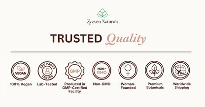 trust icons vegan, lab tested, gmp certified, non-gmo, woman-founded, premium botanicals, worldwide shipping