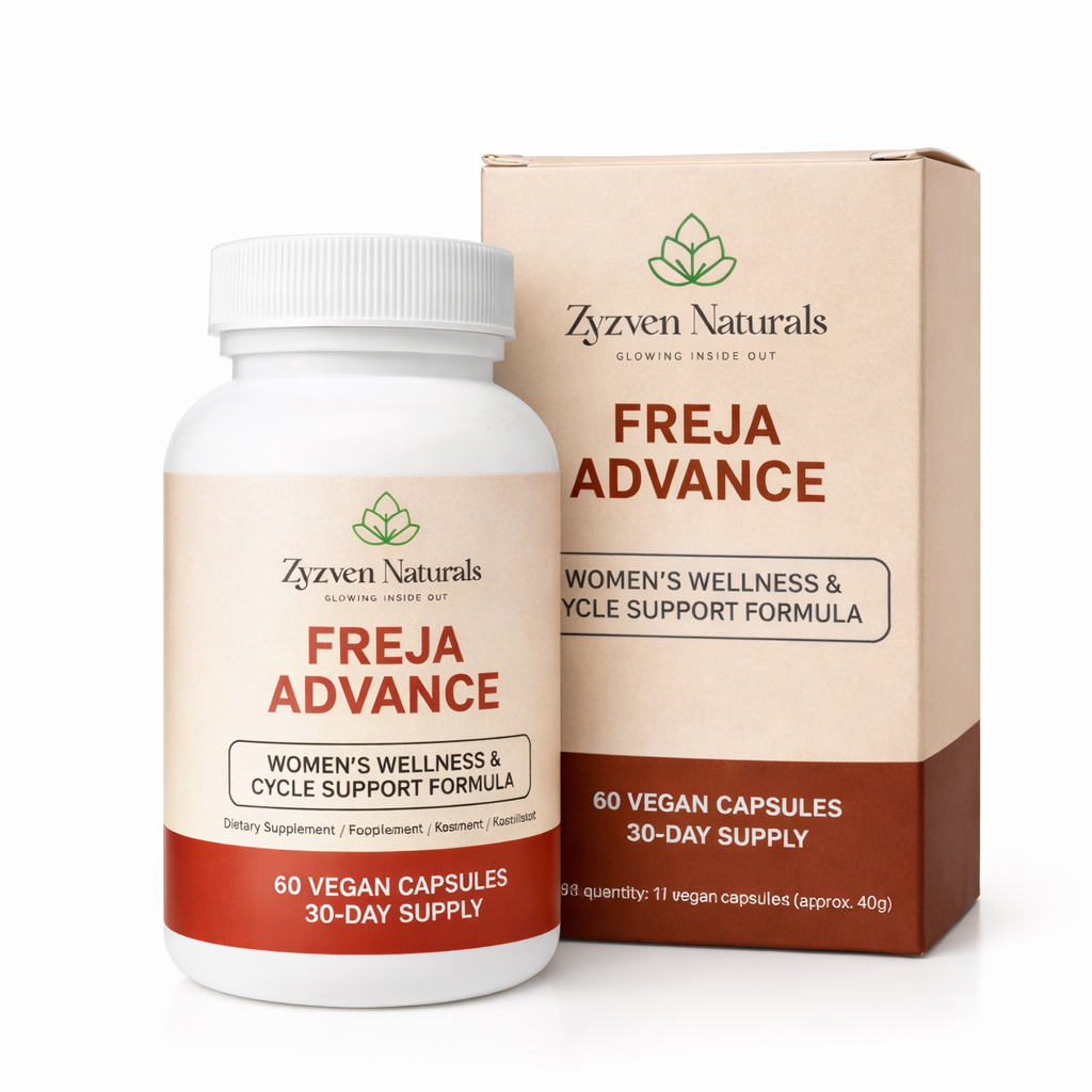 Zyzen Naturals Freja Advance supplement bottle and packaging on a white background
