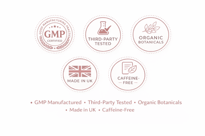Set of certification logos for GMP, third-party testing, organic botanicals, made in UK, and caffeine-free on a white background.