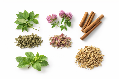 Collection of herbs and spices including mint, clover, cinnamon sticks, and dried herbs on a white background