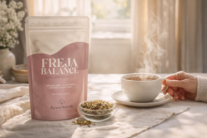 Freja Balance tea package with a steaming cup of tea on a table.