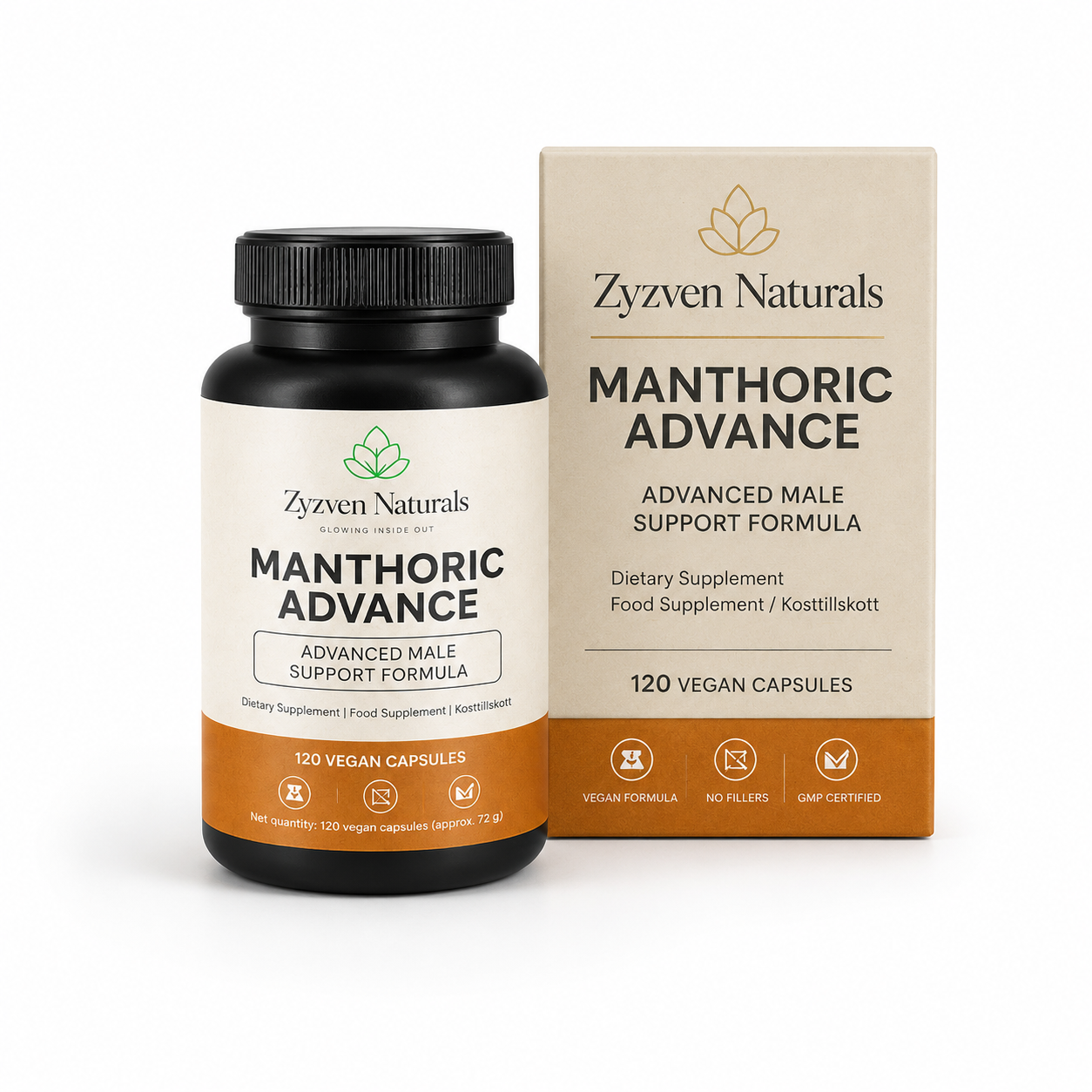 Zyzen Naturals Manthoric Advance supplement bottle and packaging on a white background