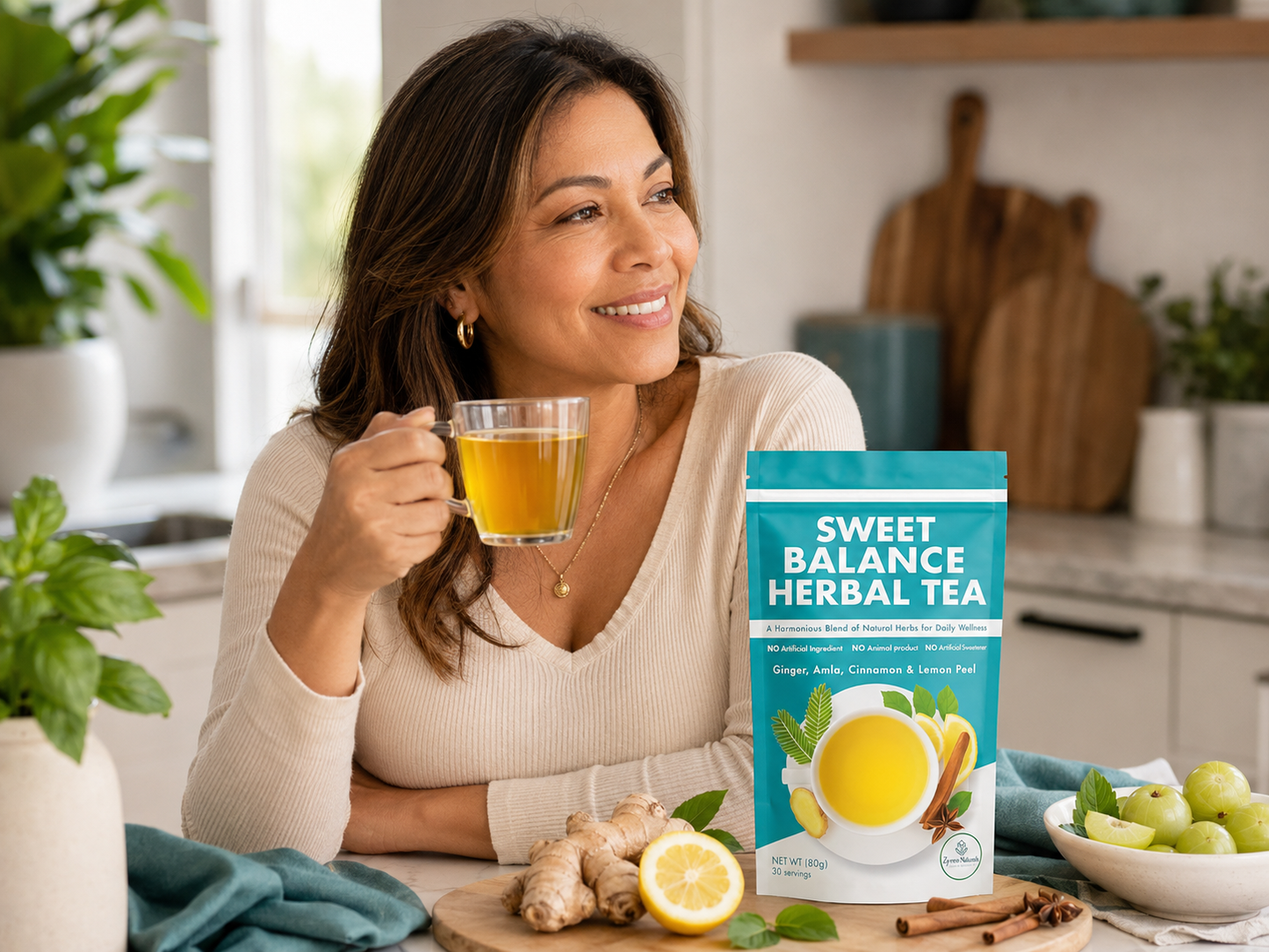 middle aged latin woman drinking sweet balance blood sugar and metabolism support tea at her kitchen table and smiling