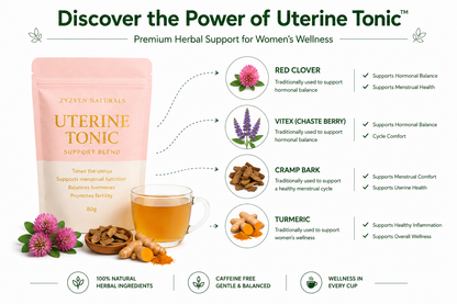 Promotional graphic for Uterine Tonic with ingredients and benefits listed.